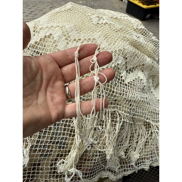 French Antique Ecru Filet Net Panels with Hand Knotted Fringing / Unique 1920s F - Picture 5 of 5